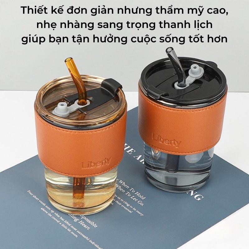 Lys cốcs uống nước,bình có ống hút chất liệu thủy tinh bọc da sang trọng decor dung tích 450ml cực sang trọng