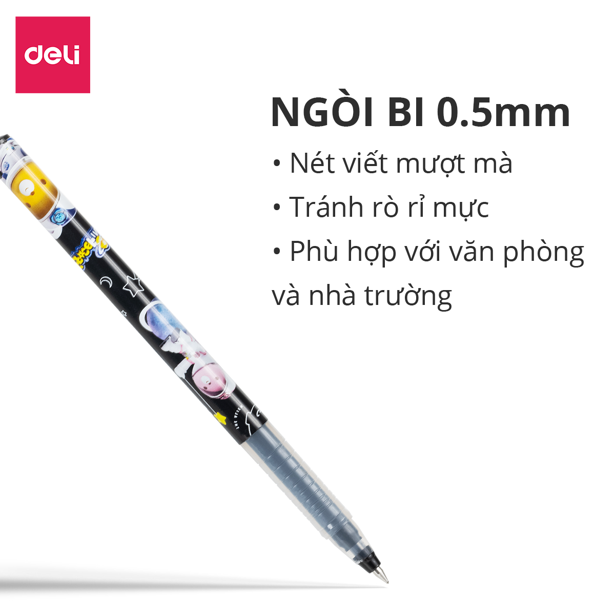 Bút bi nước mực gel học sinh ngòi bi 0.5mm Deli - Màu xanh đen - Họa tiết đáng yêu - Viết đều trơn tru lâu hết mực - EG31