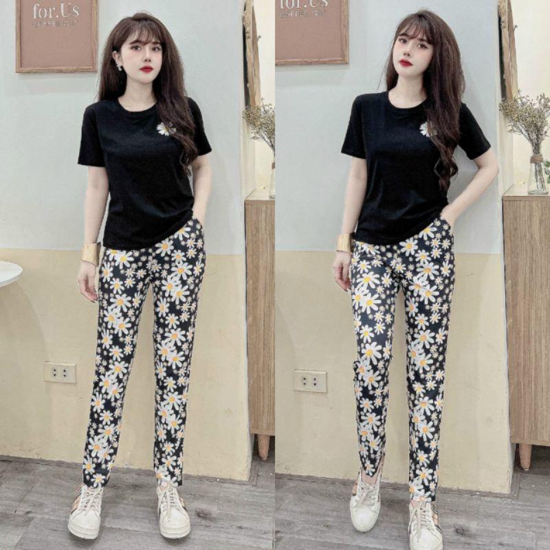 Đồ bộ nữ áo thun cotton phối quần họa tiết hoa cúc siêu hot