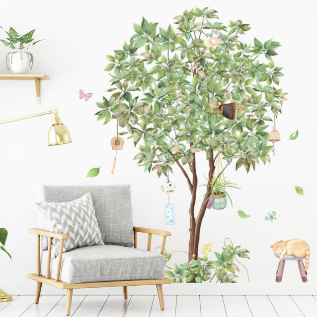 Decal trang trí tường - Cây xanh cùng những chiếc chuông gió