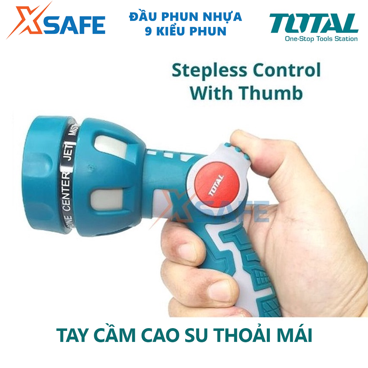 Đầu phun nước 9 kiểu phun TOTAL THWSG6091 phun sương, làm ướt, phẳng, thẳng đứng, hoa sen, hình nón, quạt, trung tâm,