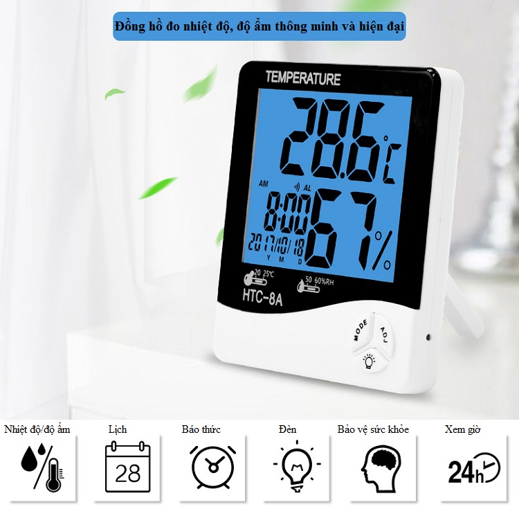 Đồng hồ để bàn kiêm máy đo nhiêt độ độ ẩm trong phòng có đèn nền màu xanh