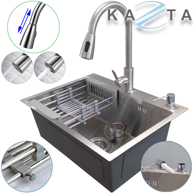 Combo Chậu Rửa Chén Bát Cao Cấp KAZTA KZ-CB6045DR Inox Gồm: Chậu Rửa Chén, Vòi rửa Chén Nóng Lạnh Và Phụ Kiện Kèm Theo