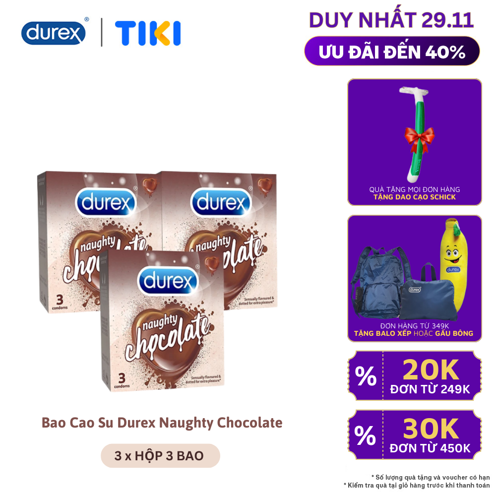 Bộ 3 Bao Cao Su Durex Naughty Chocolate - Hộp 3 chiếc