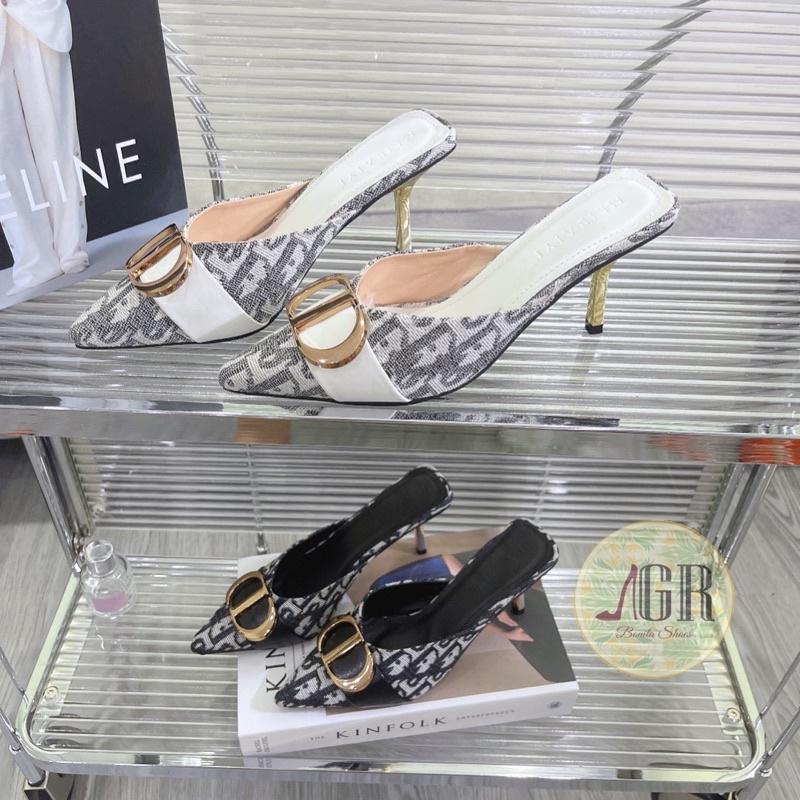 Guốc mũi nhọn khoá D vải thêu gót nhọn vàng 6 cm