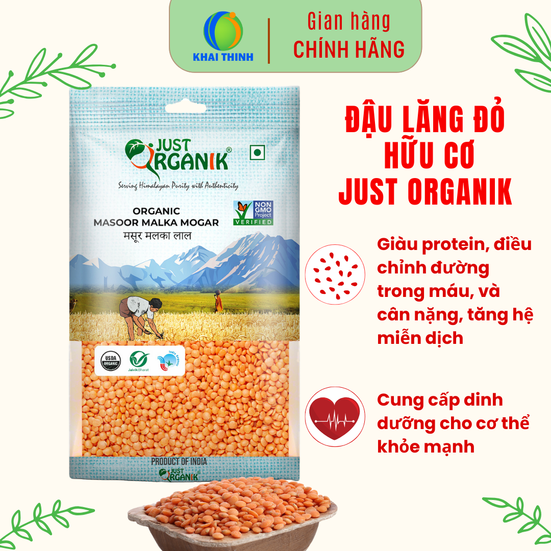 Đậu Lăng Đỏ Tách Vỏ Hữu Cơ Bé Ăn Dặm Just Organik Nhập Khẩu Ấn Độ Không Biến Đổi Gen 500g