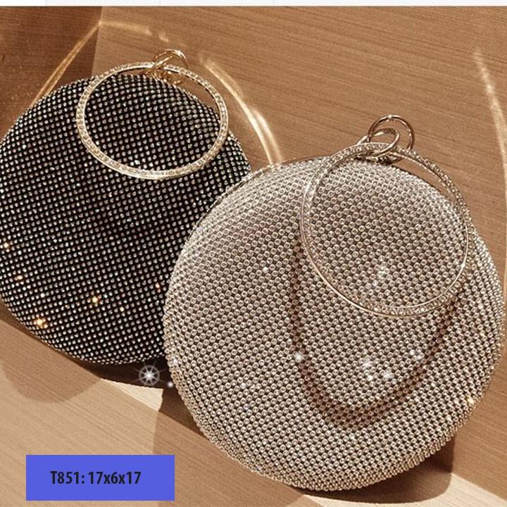 Ví cầm tay đính đá dáng tròn dạng dẹt sang chảnh