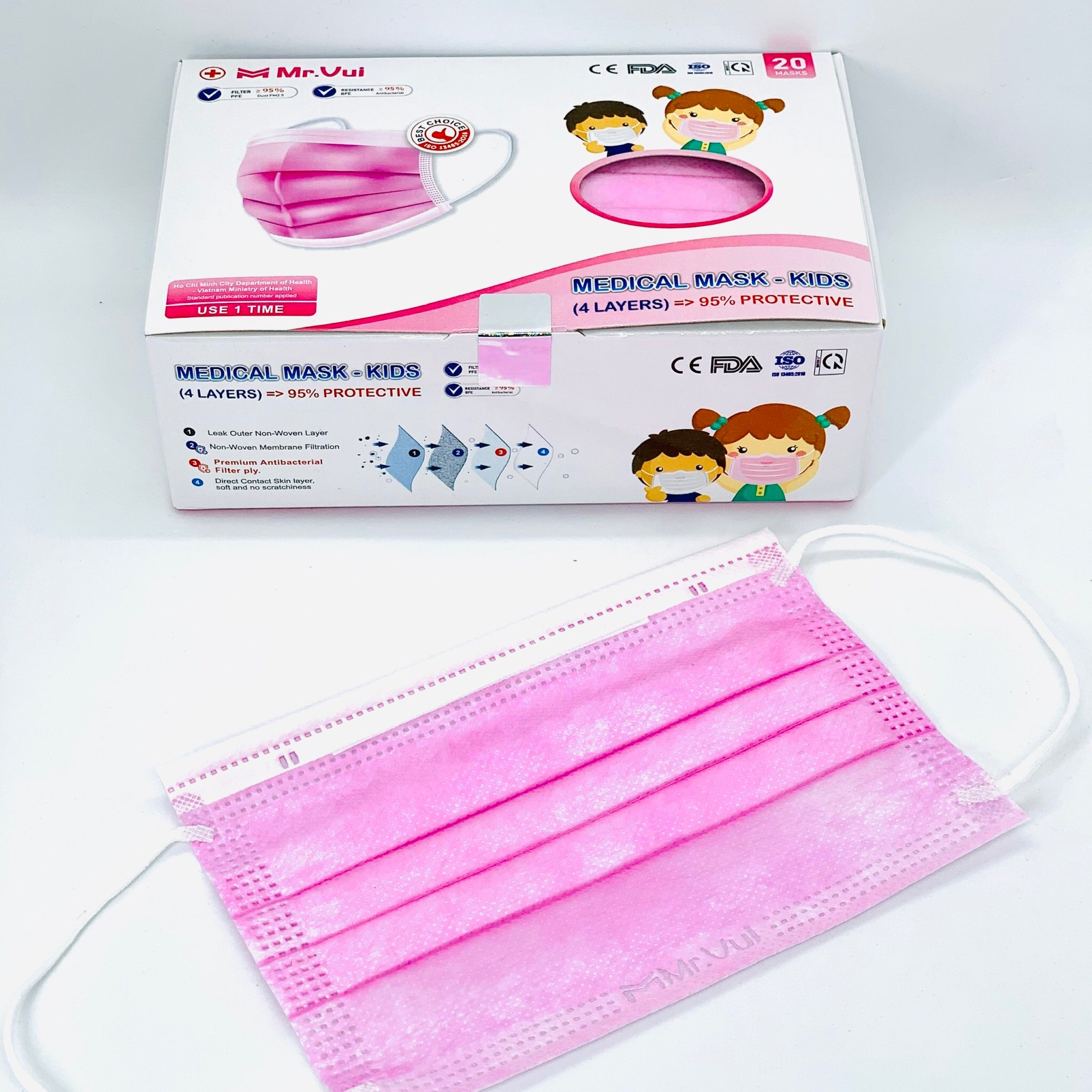 KHẨU TRANG Y TẾ 4 LỚP CHO TRẺ EM Mr.VUI - VẢI KHÔNG DỆT KHÁNG KHUẨN – HỘP 20 CÁI – MÀU HỒNG
