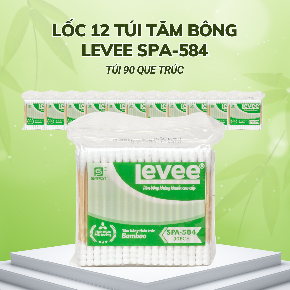 Lốc 12 gói Tăm bông Levee người lớn thân trúc túi 90 que SPA-584