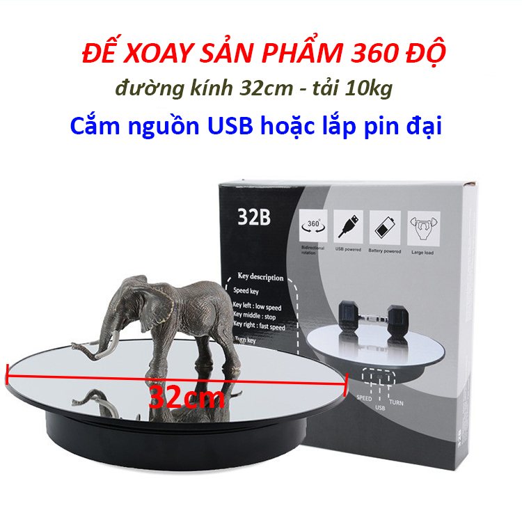 Bàn Xoay Sản Phẩm 360 Độ Cắm Nguồn USB + Pin Đại/D Đường Kính 32cm Tải 10KG, Đế Xoay Trưng Bày Sản Phẩm