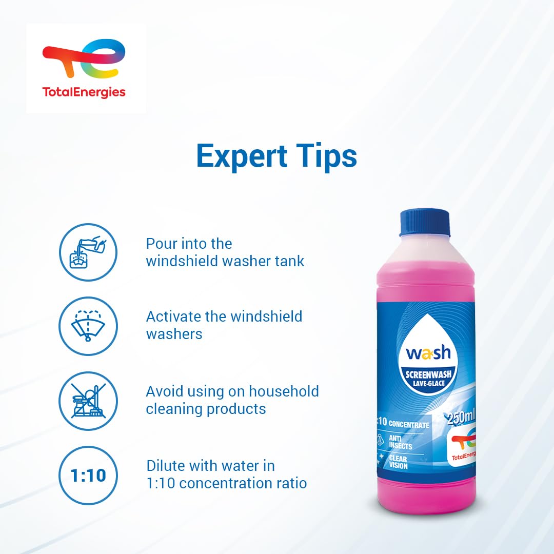 Nước rửa kính lái đậm đặc tỉ lệ 1:10 Total Energies TE-SW250 250ml - Làm sạch vết bẩn, ngăn chặn côn trùng, đổ vào két nước trước, pha để tẩy mốc kính