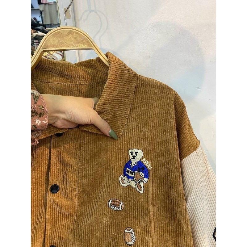 Áo khoác nhung bomber, áo bomber nhung gân maẫ thêu hình gấu, Áo Khoác Bomber Nhung 2 Lớp