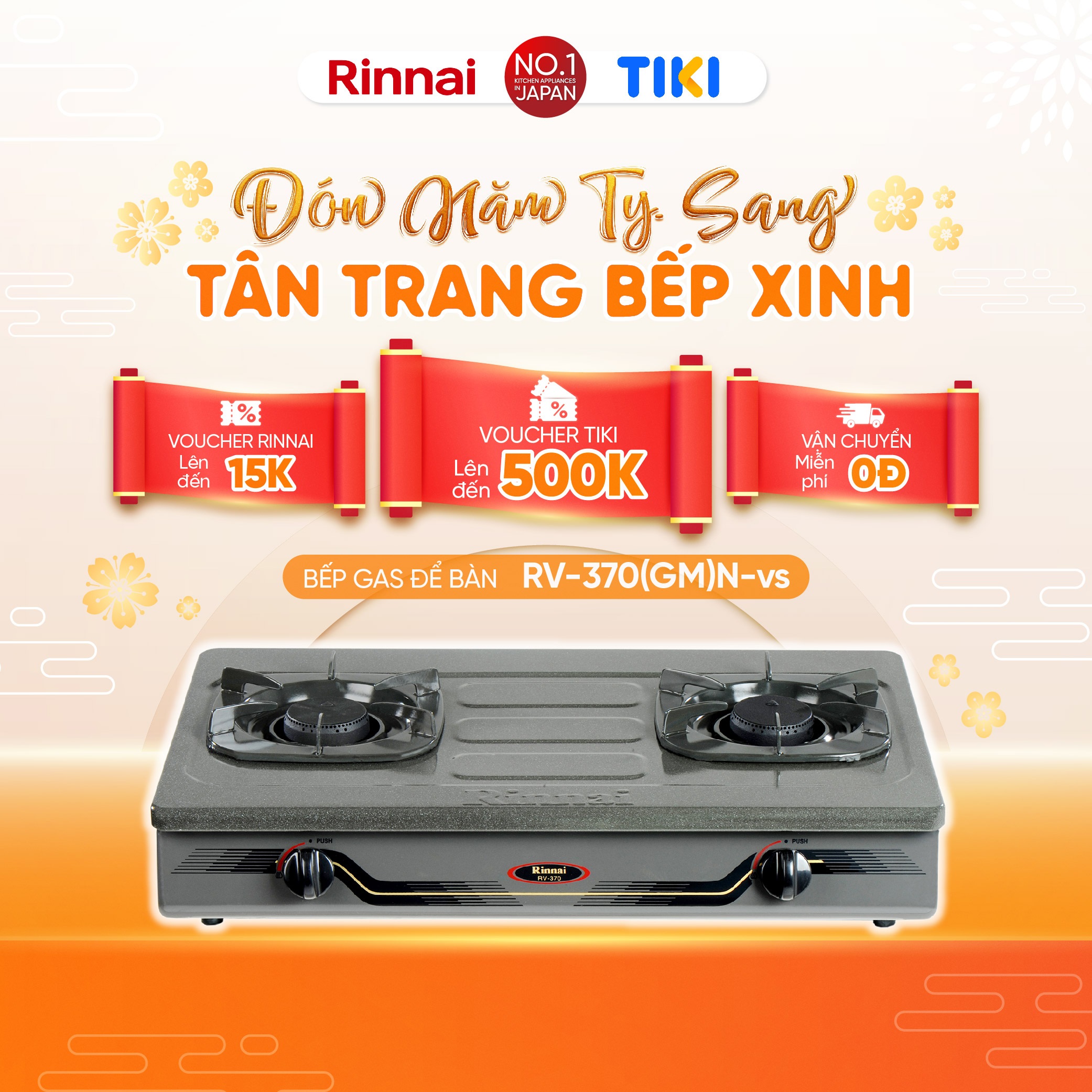 Bếp gas dương Rinnai RV-370(GM)N mặt bếp men và kiềng bếp men - Hàng chính hãng