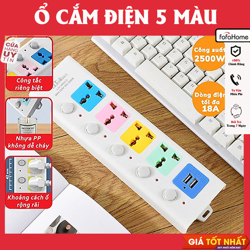 Ổ Cắm Điện USB Đa Năng Cao Cấp Chống Giật 4 Cổng Cắm 2 Cổng USB Công Suất 2500W, Có Chốt An Toàn Dây 2 Đến 5m Tiện Dụng