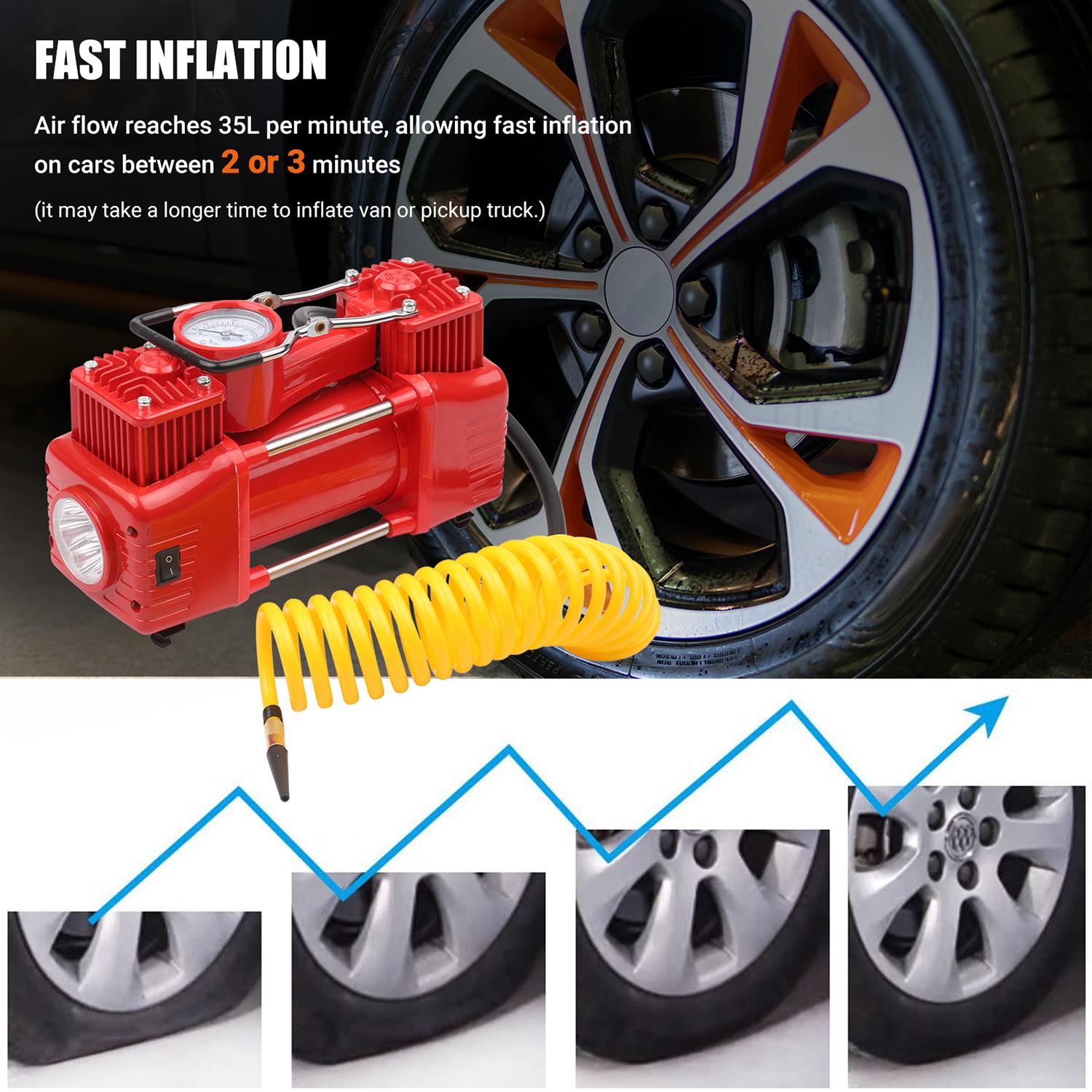 DC12V Dual Cylinder Air Compressor Portable Tire Inflator Emergency Car Air Pump with 3 Nozzles Extended Tube Carrying