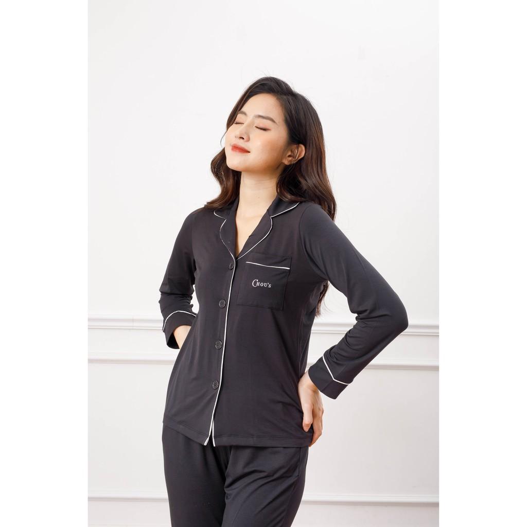 Bộ pyjamas nữ dài tay vải bamboo tự nhiên cao cấp Chou's - màu đen