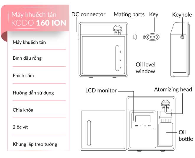 KODO 160ION - Máy Khuếch Tán Tinh Dầu 100M2 (Bình Dầu 200Ml), Không Pha Nước