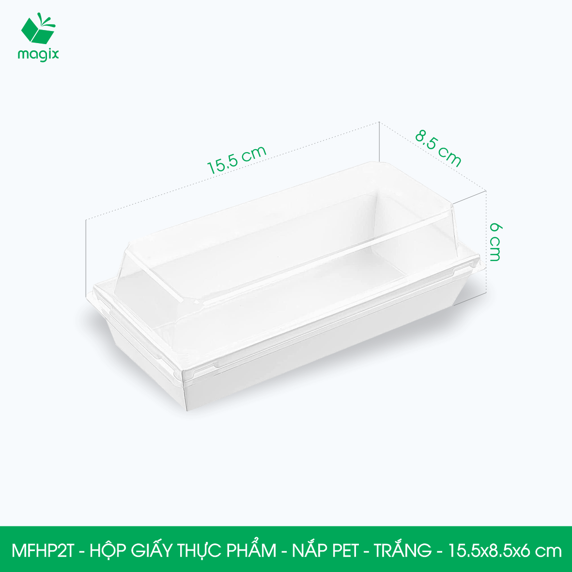 MFHP2T - 15.5x8.5x6 cm - 50 hộp giấy thực phẩm màu trắng nắp Pet, hộp giấy chữ nhật đựng thức ăn, hộp bánh nắp trong