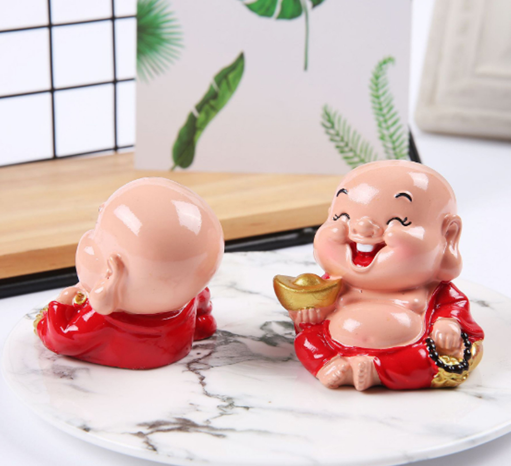 Bộ đôi tượng chibi Di Lặc 6cm kèm túi đỏ chữ Phát và chân đế giả đá size nhỏ