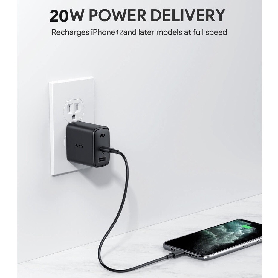 Cốc Sạc Aukey 2 Cổng PA-F3S, Sạc Nhanh Cổng Type C Power Delivery 20W, Cổng USB-A 12W - Hàng Chính Hãng