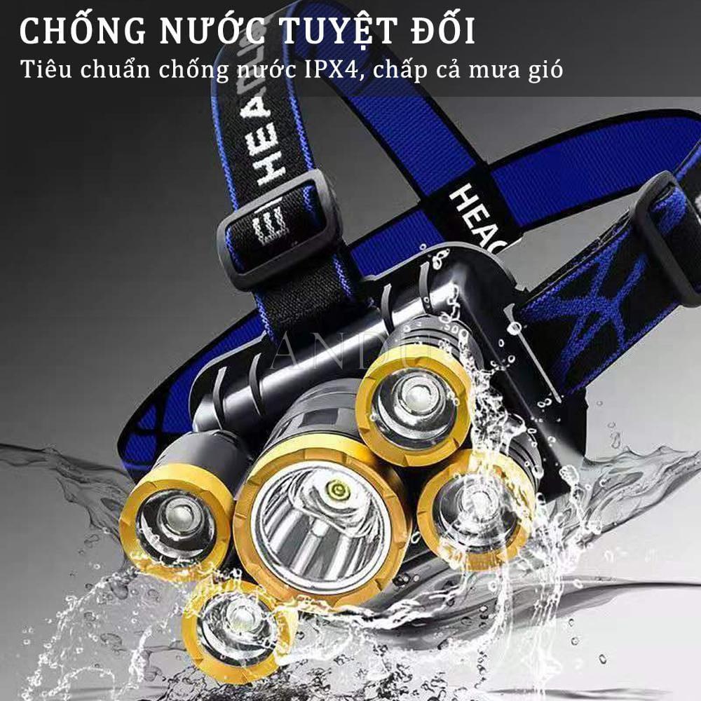 Đèn Pin Đội Đầu Đeo Trán 5 Bóng T6, Đèn Siêu Sáng Kèm Pin Sạc gọn gàng thuận tiện cho việc di chuyển