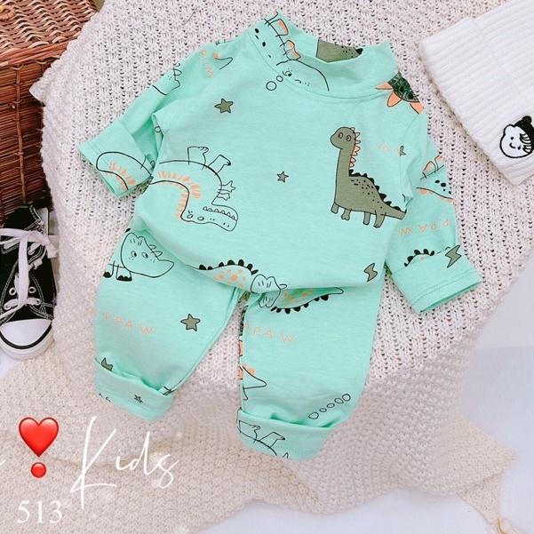 Bộ cotton cổ cao 3p quần áo bé trai hoạ tiết khủng long ô tô