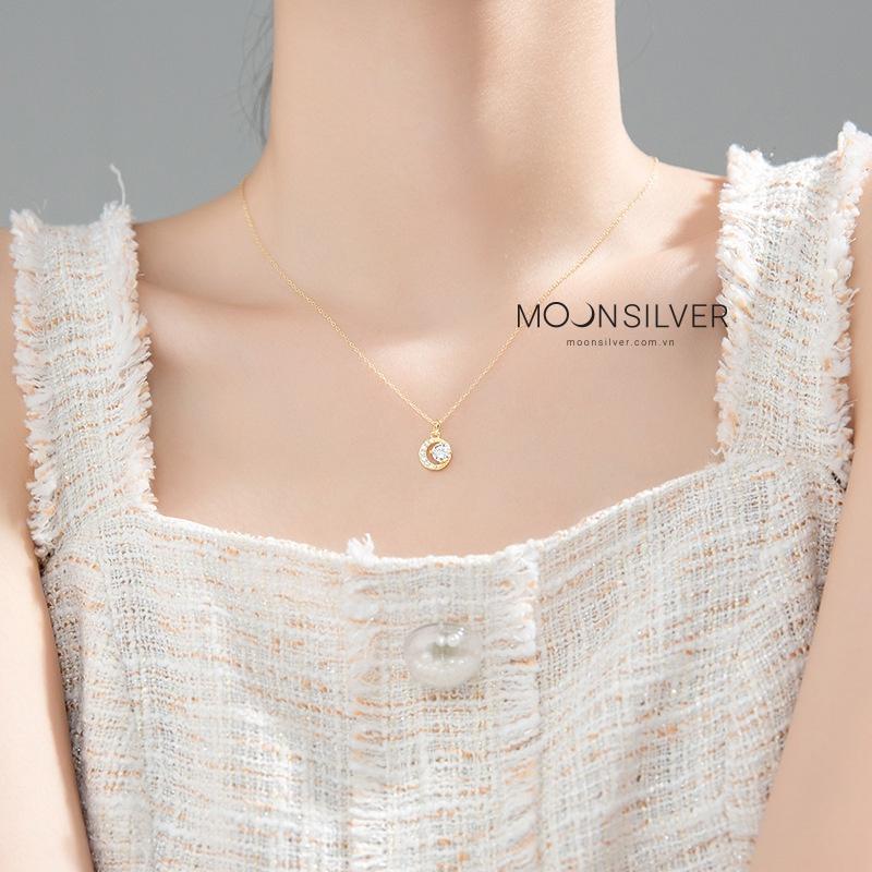 Vòng cổ bạc mạ vàng 14k Moonsilver, dây chuyền nữ đính đá Mystery Moon