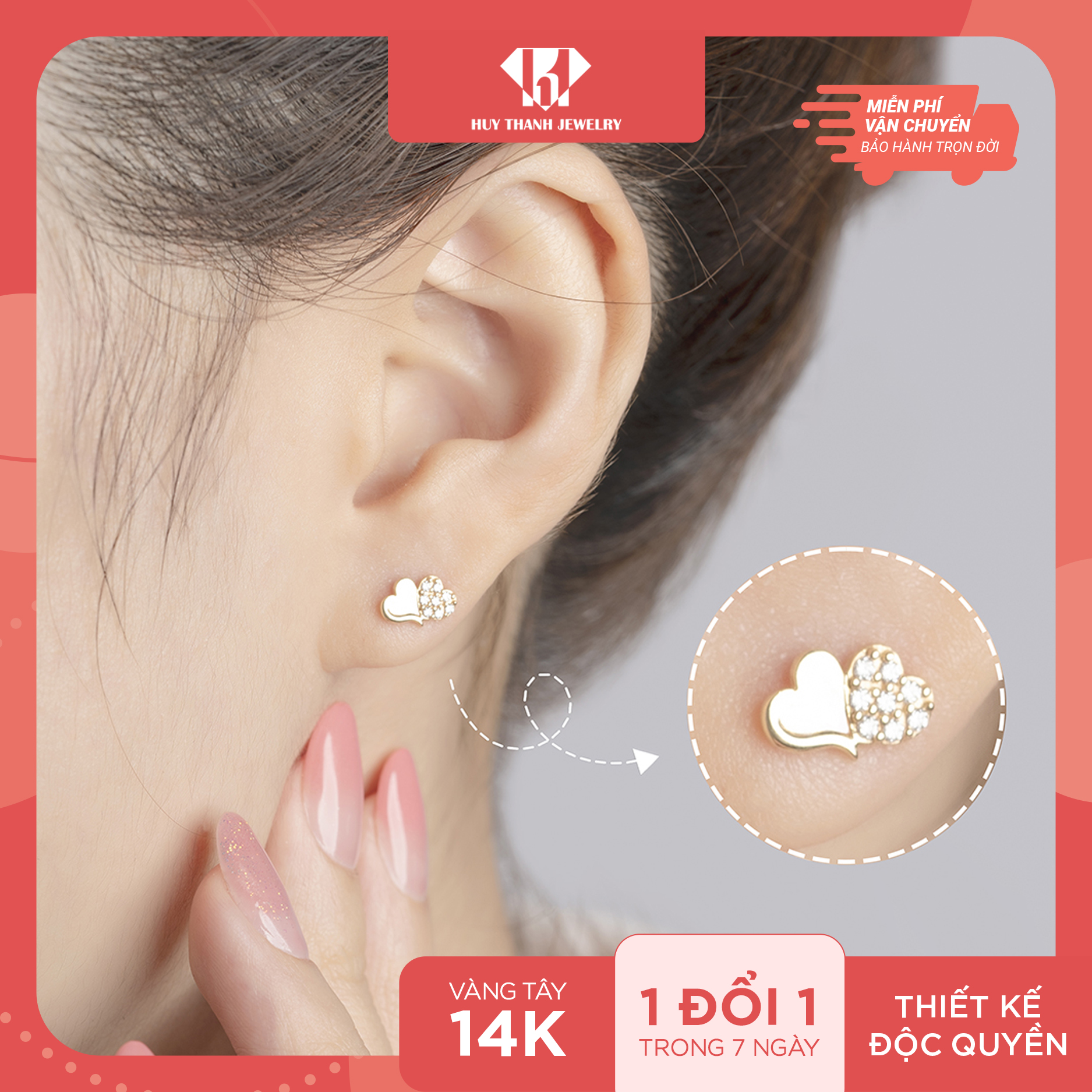 Bông Tai Nữ Vàng 14K BTAM50 Huy Thanh Jewelry