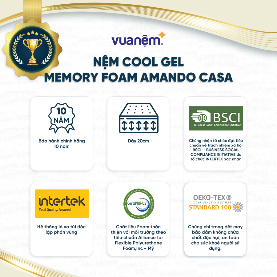 Nệm Foam cuộn hút chân không cao cấp Amando Casa - Cool gel memory foam - Êm ái, thoáng mát, điều hoà thân nhiệt