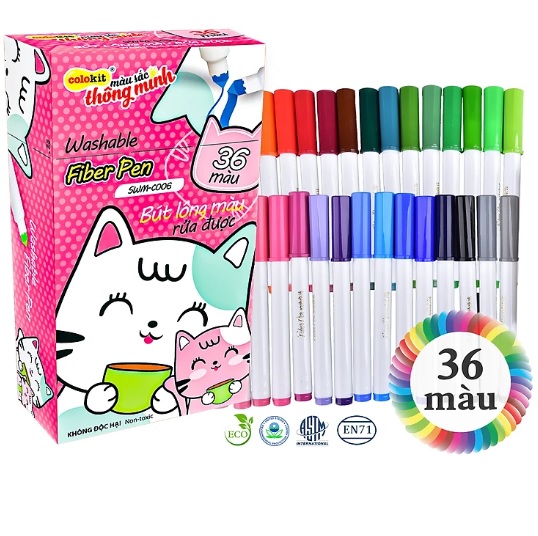 Bút lông 36 màu Fiber Pen Washable - Nét mảnh nét to - Colokit SWM-C006