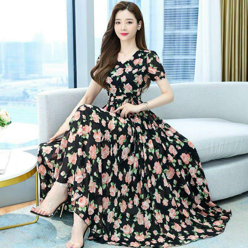 HÀNG NHẬP - ĐẦM MAXI VOAN HOA CỔ TIM DÂY BUỘC EO
