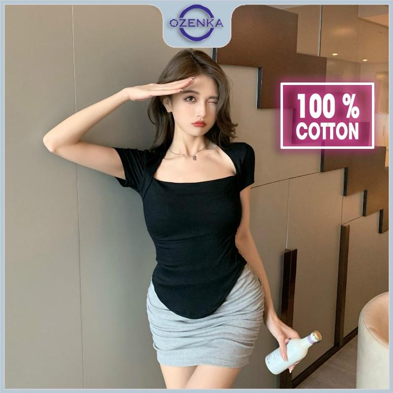 Áo thun vạt bầu ngắn tay cổ vuông ôm nữ , ao phông body nữ mẫu mới 2022 cotton 100% màu đen trắng dưới 50 cân