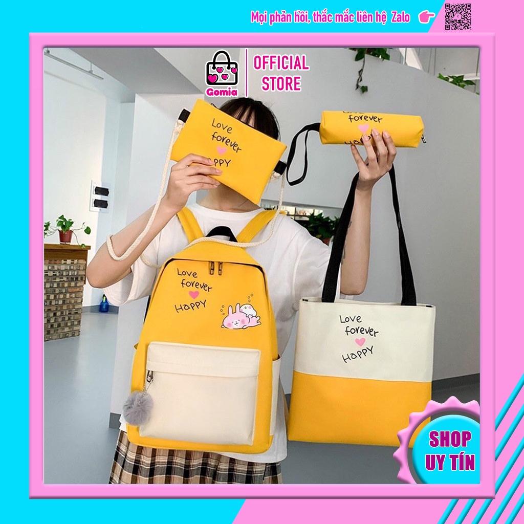 Set Balo 4 món Thỏ hồng Love Forever Happy màu sắc dễ thương dành cho học sinh sinh viên GOMIA BLS5092