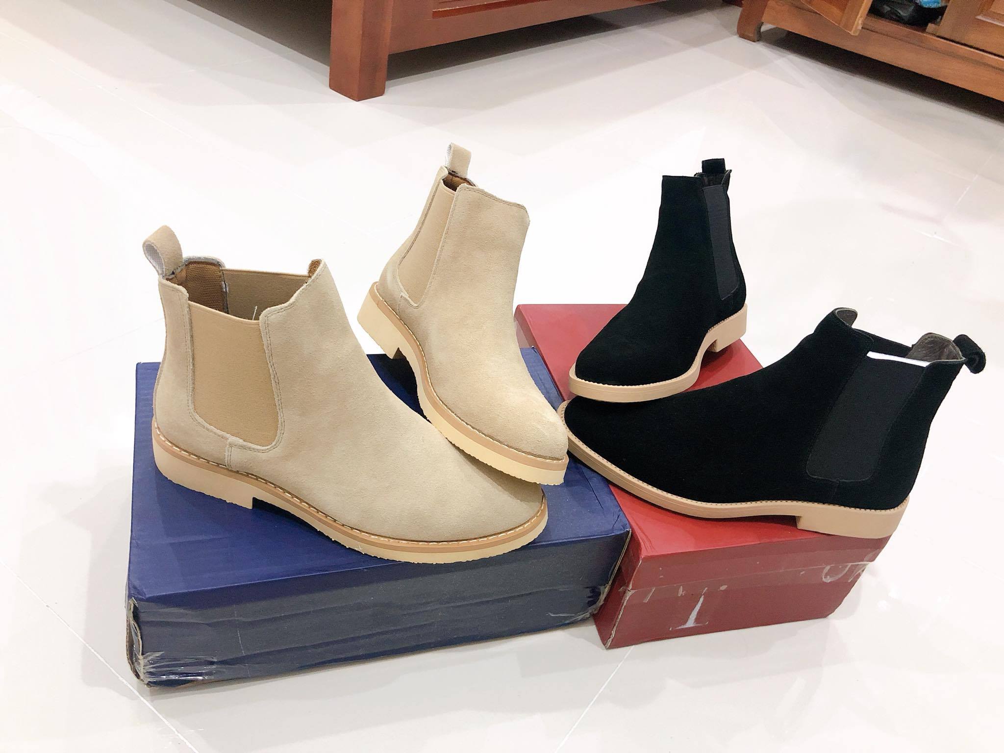 Giày da chelsea boots da bò lộn đen đế cao su non Handmade VietNam