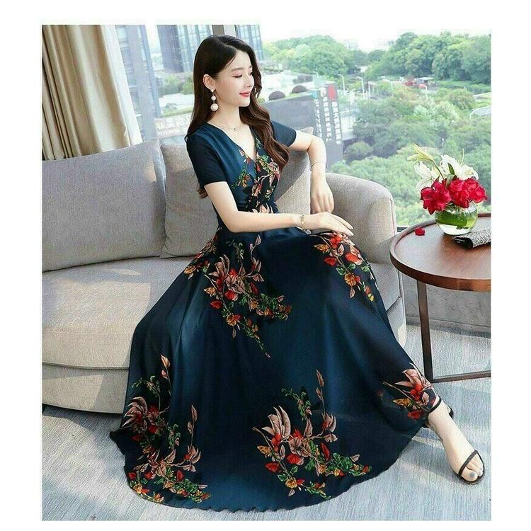 Đầm Hoa Thiết Kế Cổ V, Xòe Tùng, Kiểu Dáng Đơn Giản, Sang Trọng