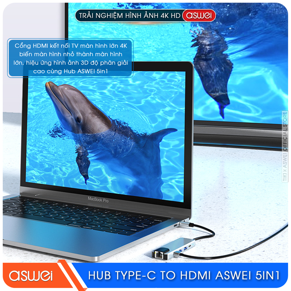 Hub Type C ASWEI 5 in 1 To HDMI, USB 3.0, Lan RJ45, PD 100W - Hàng Chính Hãng