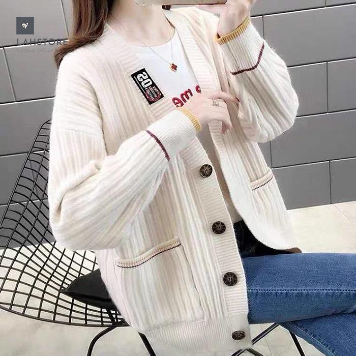 Áo len cardigan nữ tay phồng tiểu thư LAHSTORE, thời trang thu đông 2021 (Xanh)