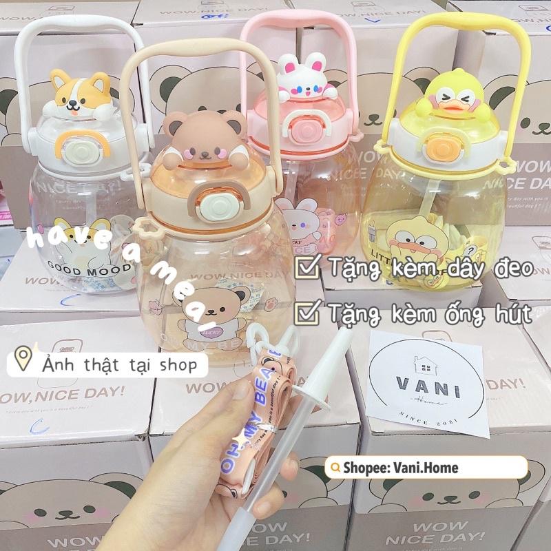 Bình nước hình thú cute mẫu mới 1,3L tặng kèm dây đeo và ống hút - Bình đựng nước hoạt hình dễ thương cho bé có quai đeo