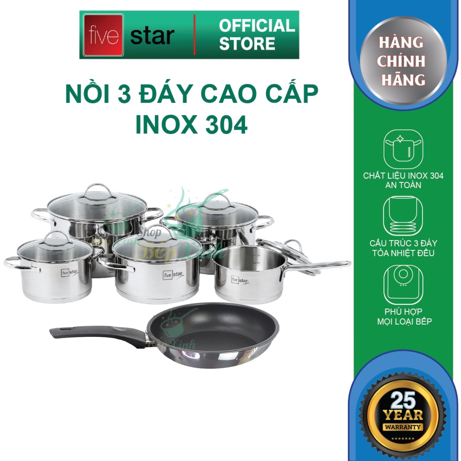 Bộ nồi chảo chống dính cao cấp Fivestar 6 món 3 đáy từ nắp kính