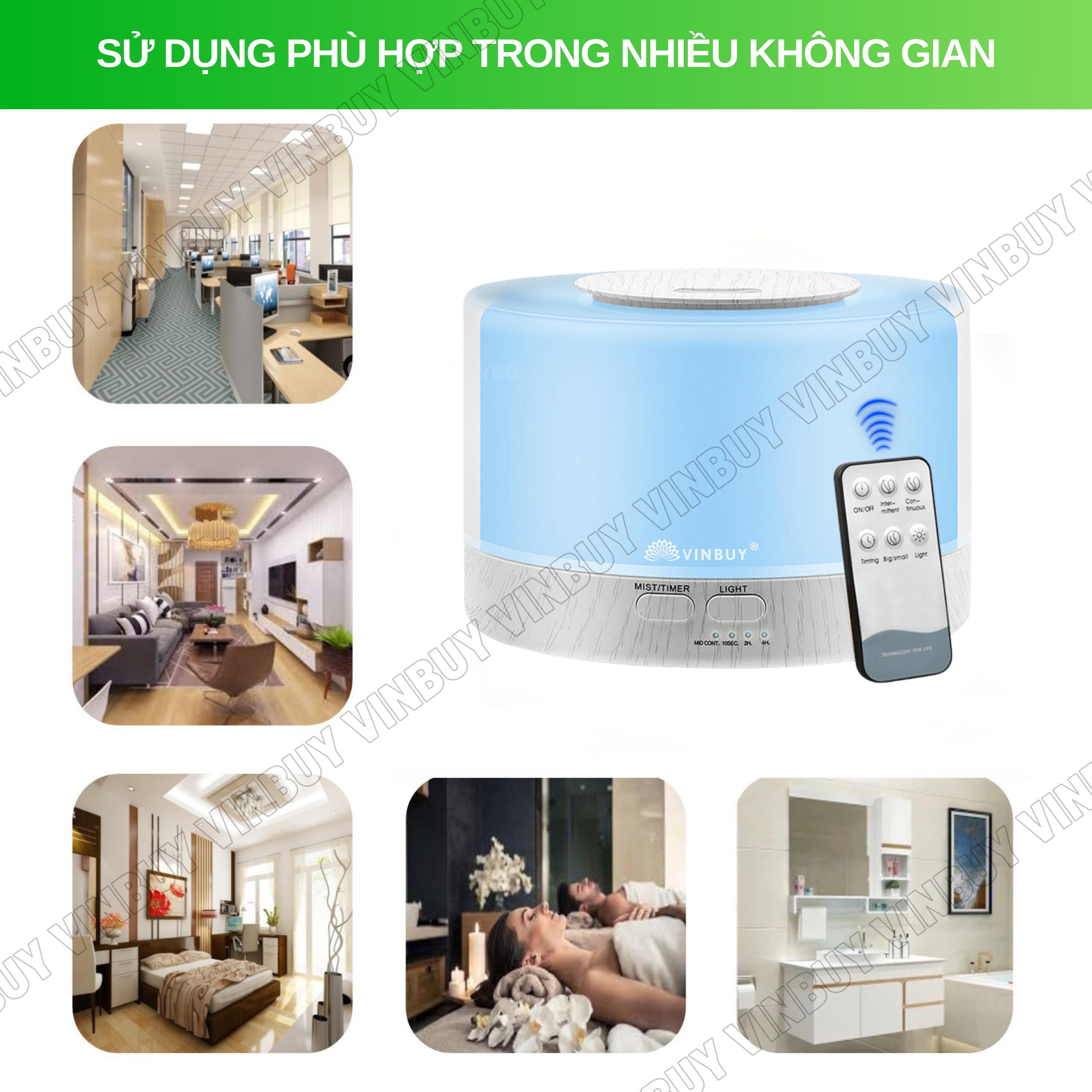 Máy xông tinh dầu VINBUY, khuếch tán tinh dầu, phun sương tạo ẩm, xông tinh dầu phòng ngủ, spa, tự động, dung tích lớn led 07 màu - Hàng chính hãng