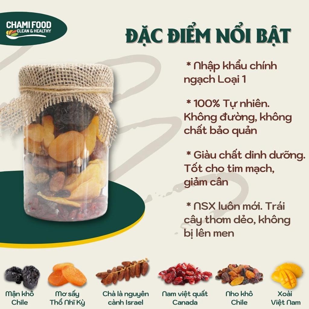 Trái cây sấy dẻo Chami KHÔNG ĐƯỜNG 500G Mix 6 hoa quả Mơ sấy dẻo Chà Là Mận sấy Nho khô Nam việt quất sấy Xoài sấy