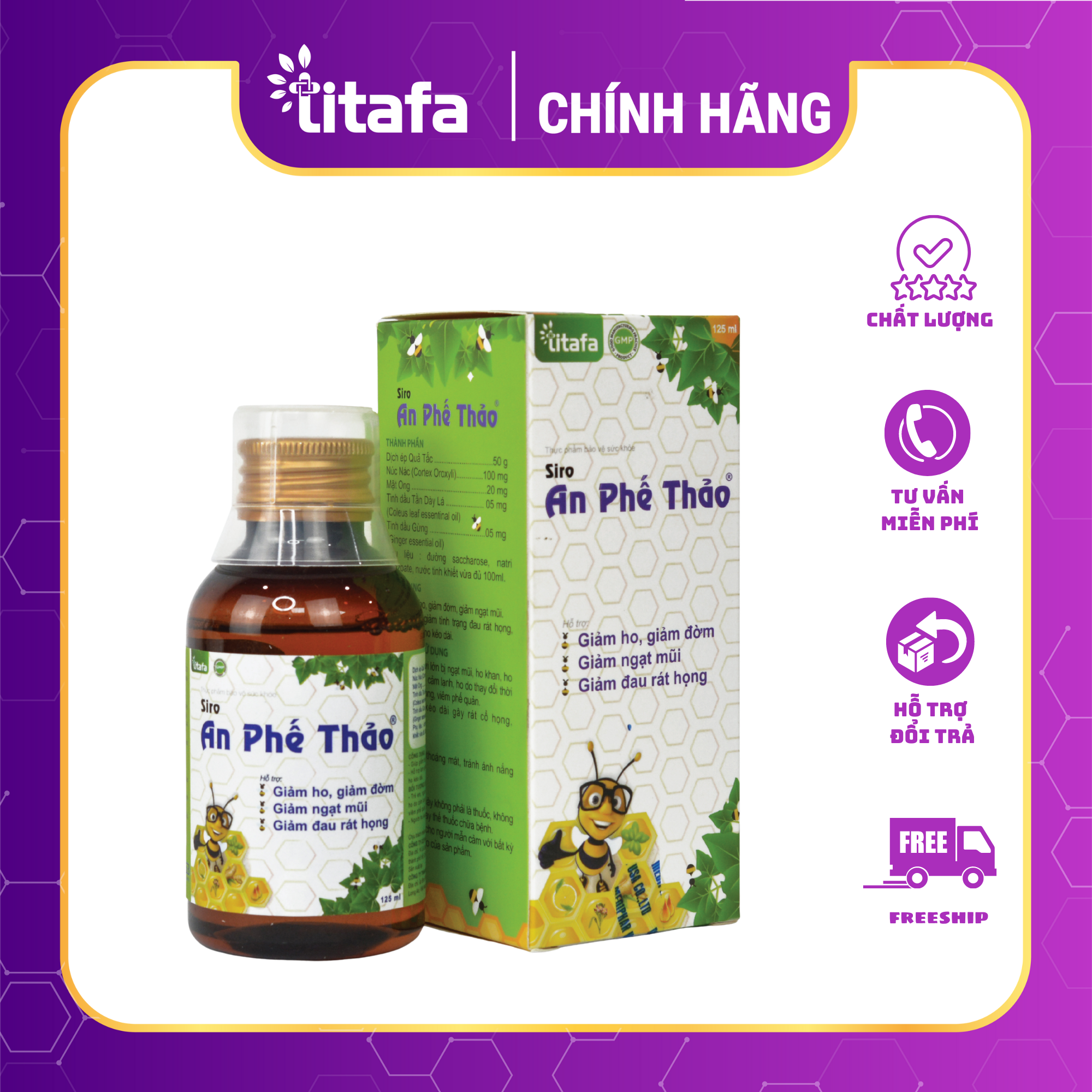 SIRO HO AN PHẾ THẢO - Giúp giảm ho, tiêu đờm, giảm ngạt mũi, giảm đau rát họng, khản tiếng (Chai 125ml) [Chính hãng TITAFA]