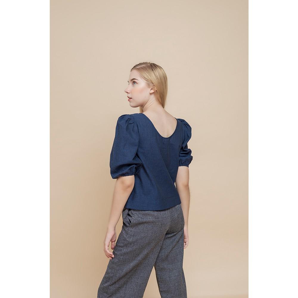 Áo nữ kiểu Callia Puff top Blue cổ tròn tay bồng