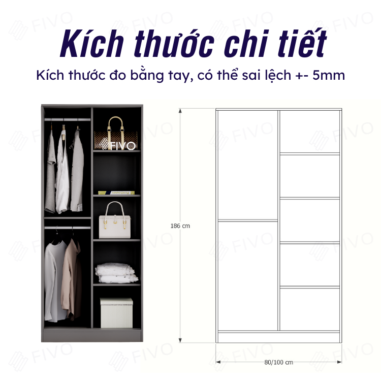 Tủ Gỗ Quần Áo Cửa Lùa FIVO Mẫu FC32 Diện Tích Để Đồ Rộng Rãi, Móc Treo Tiện Dụng Mẫu Mã Hiện Đại - Màu Xám + Trắng