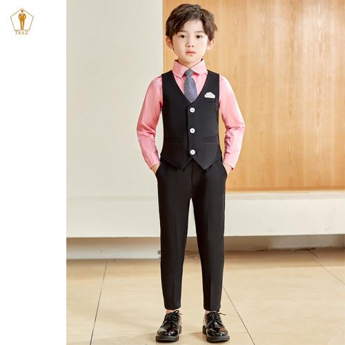 set Bộ vest TRAZ trẻ em bé trai con nít trắng đen 10-45kg(áo vest, quần, gile, nơ)(bé mập tròn tăng 2 size)