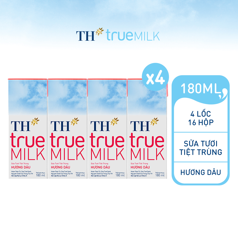 4 Lốc sữa tươi tiệt trùng hương dâu TH True Milk 180ml (180ml x 4 hộp)