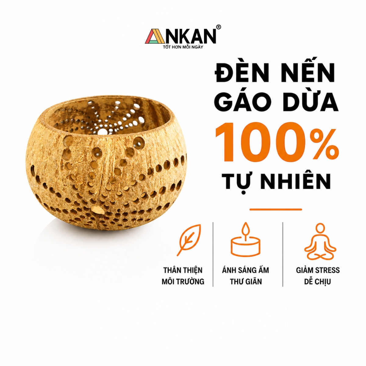 Đèn Tealight Gáo Dừa ANKAN Họa Tiết Mặt Trời Handmade – Decor Trang Trí Không Gian Chill