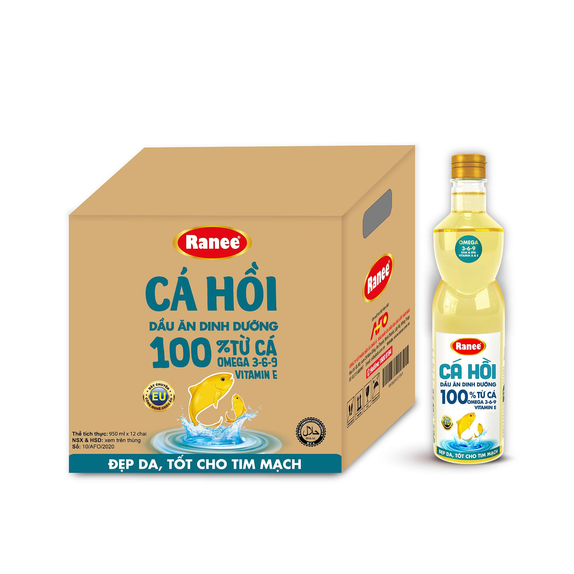 Thùng dầu ăn dinh dưỡng Ranee Cá Hồi 950ml (950ml/chai x 12 chai)