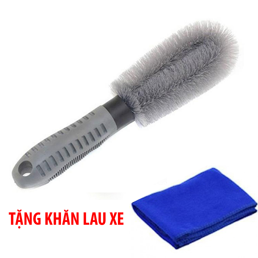 (Tặng khăn lau xe) Chổi cọ rửa xe ô tô xe hơi cọ mâm xe loại tốt (cán cao su chắc chắn, lông sợi cước bền)