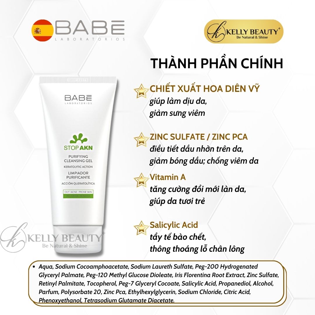 Gel Rửa Mặt Cho Da Dầu Mụn BABE Stop AKN Purifying Cleansing Gel - Làm Sạch Sâu, Kiềm Dầu, Giảm Sưng Viêm | Kelly Beauty